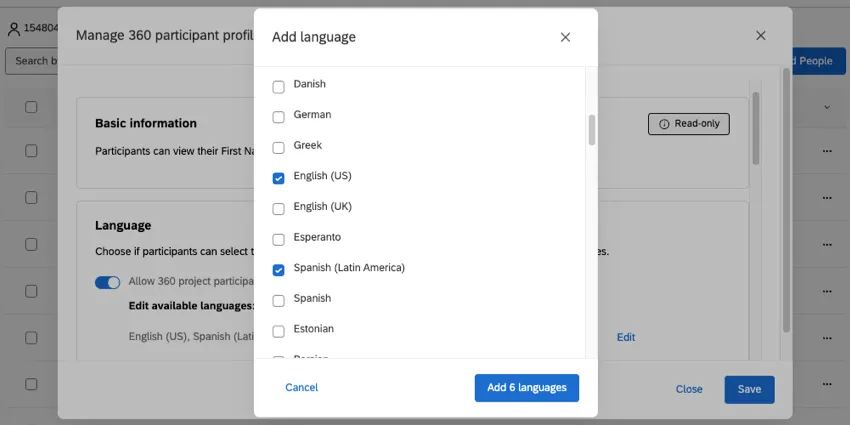 new modal opens where you can select from a list of languages