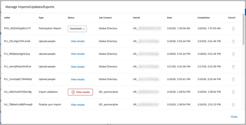 the "manage previous imports/update/exports" window