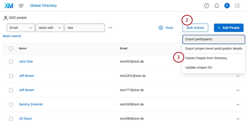 clicking bulk actions, then delete people from directory