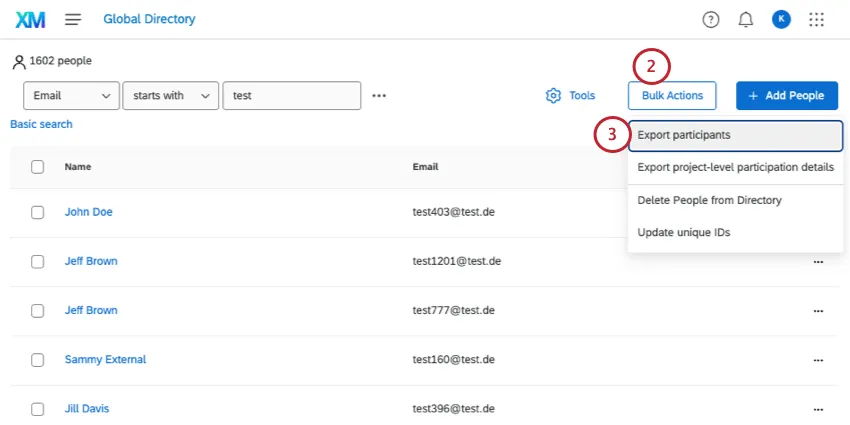 clicking bulk actions and then export participants