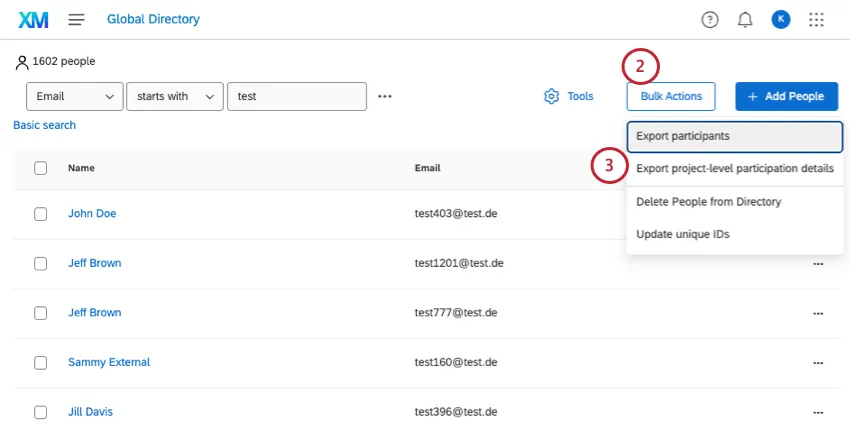 in the employee directory, selecting project-level participation export in the bulk actions menu