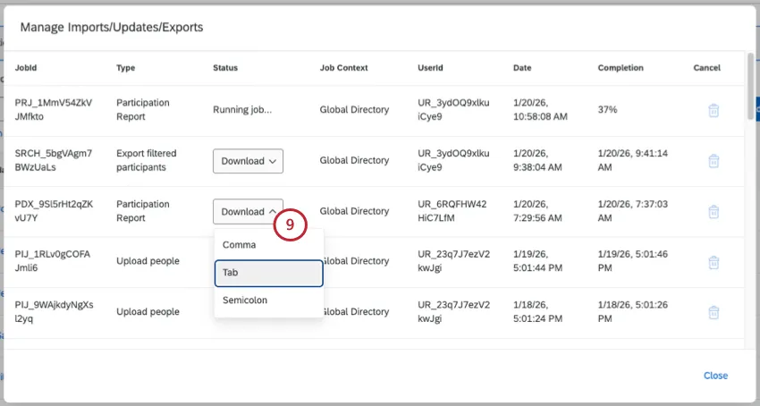 downloading the completed export
