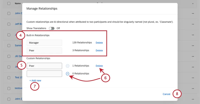 the manage relationships screen is broken into 2 sections: built-in relationships and custom relationships