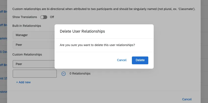 the delete confirmation window for deleting relationships