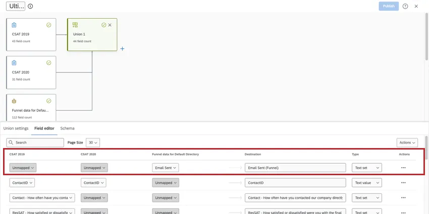 Field editor of union opened, adding a field for 'Email Sent'