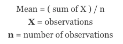 Mean = (sum of x) over n, where x is observations and n is number of observations
