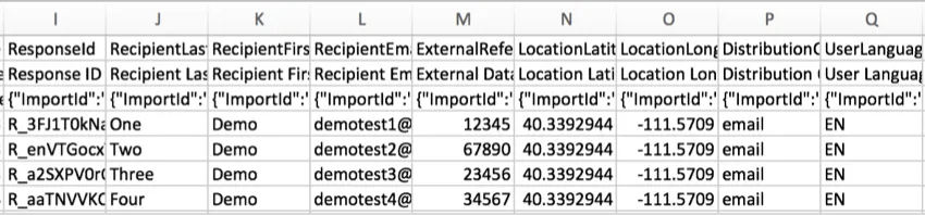 Fichier CSV avec les colonnes ResponseID, RecipientEmail, ExternalDataReference, LocationLatitude, LocationLongitude, Distribution et UserLanguage