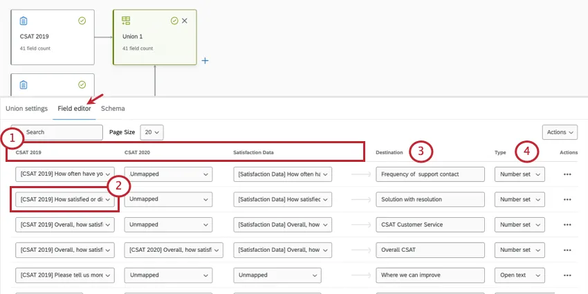 Se hace clic en el bloque de unión. El editor de campos se puede encontrar en el menú que se abre en la parte inferior de la página.