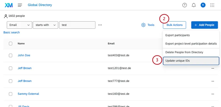 in the employee directory, clicking bulk actions and choosing update unique identifiers