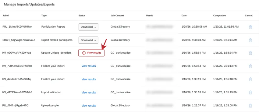 the view results button in red on the manage imports page