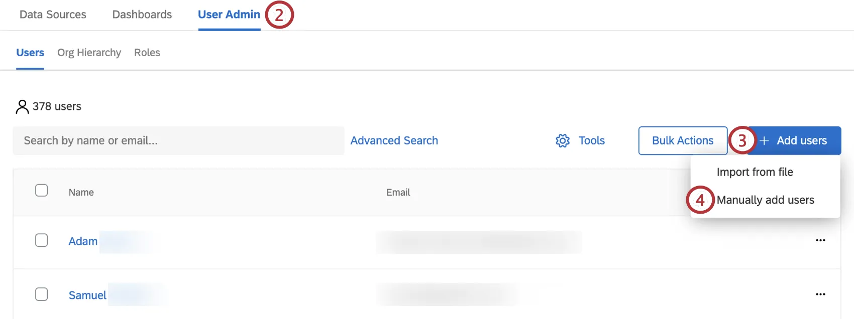 ダッシュボードのUser Adminタブでは、CXユーザーのリストが表示されます。ページの右側には、ユーザーを追加する青いボタンがあります。