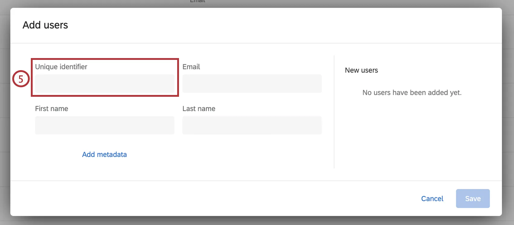 Unique Identifier column is the first on the add users window, followed by email, username, first name, and so on.