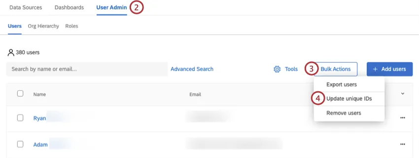 updating unique ids within user admin tab