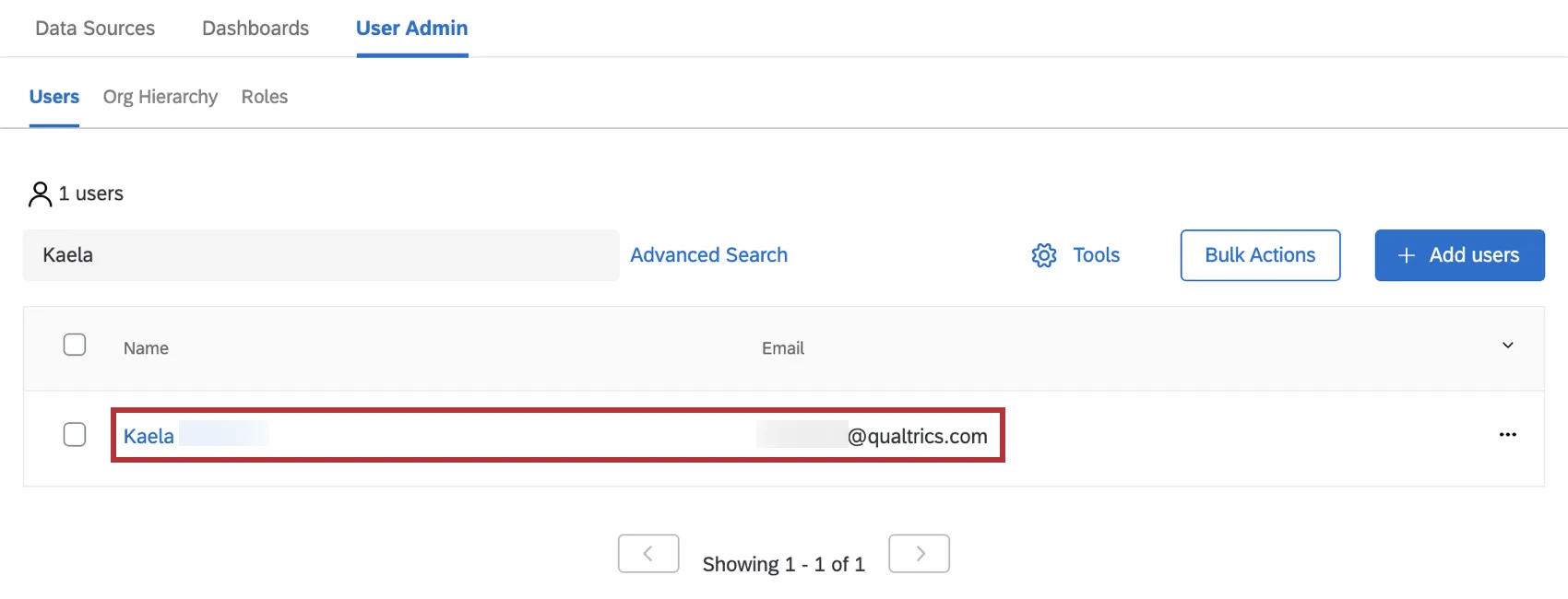 individual user selected in user admin tab