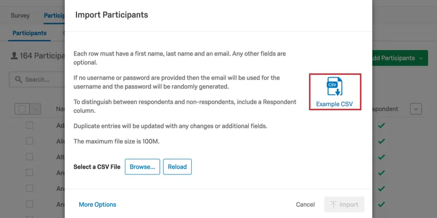Importazione PARTECIPANTI Esempio di CSV Evidenzia testo