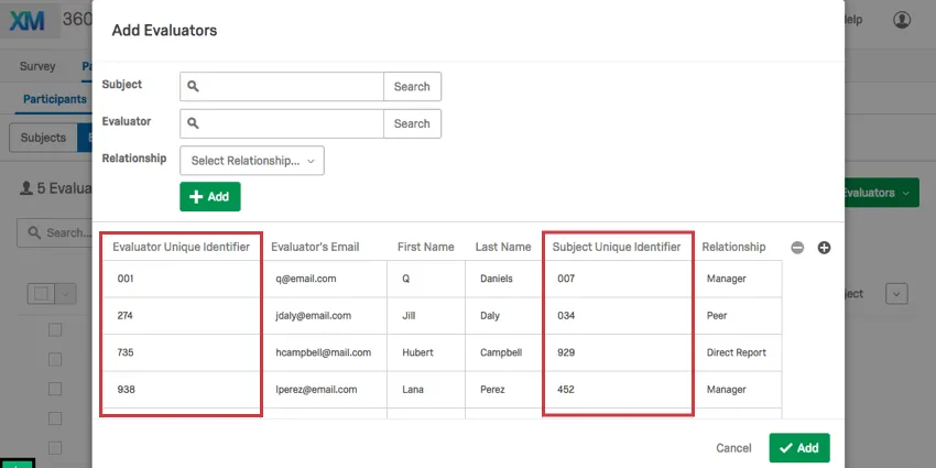 Unique ID for Evaluator and Subjects highlighted
