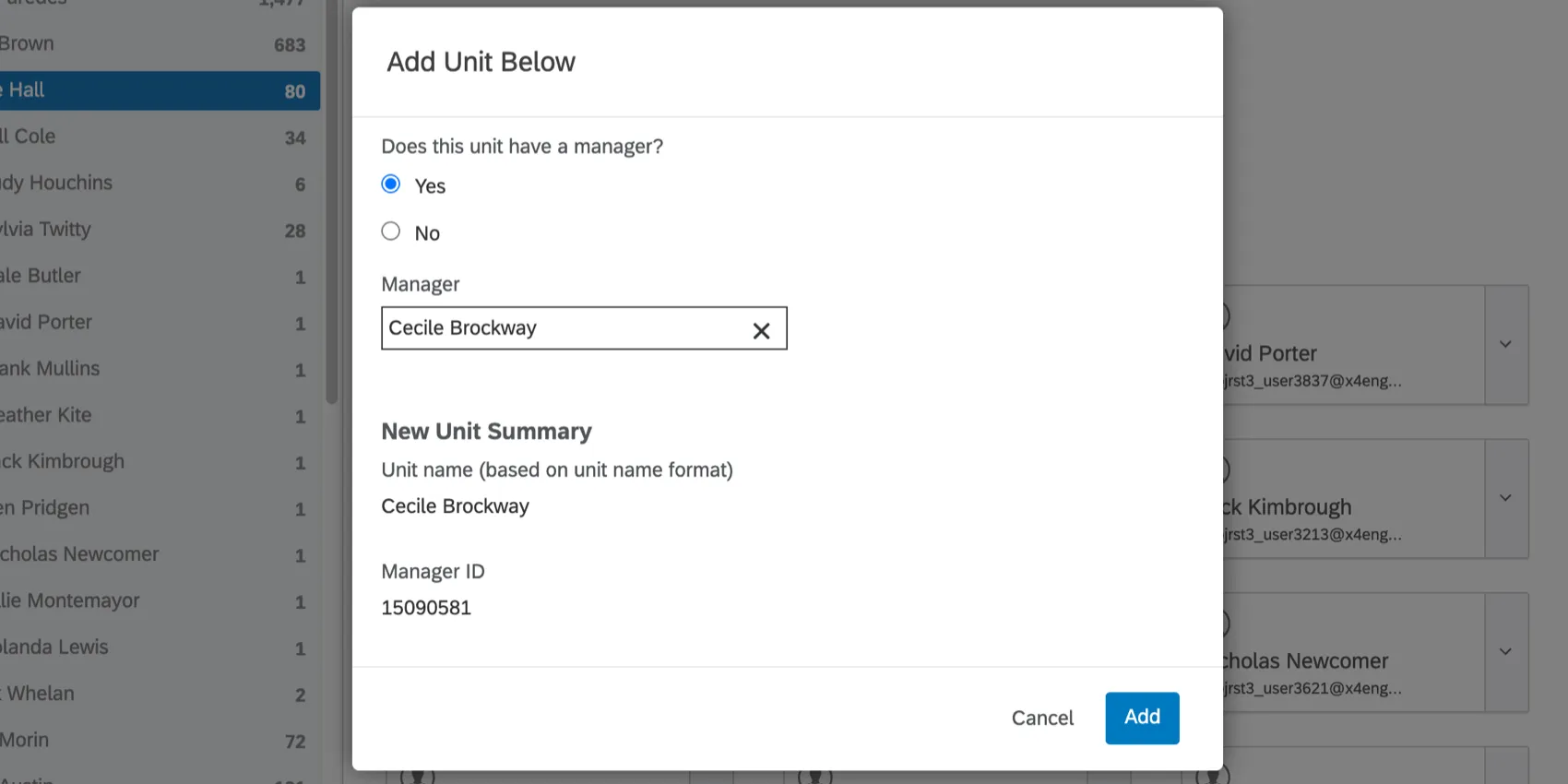 options when adding a unit below