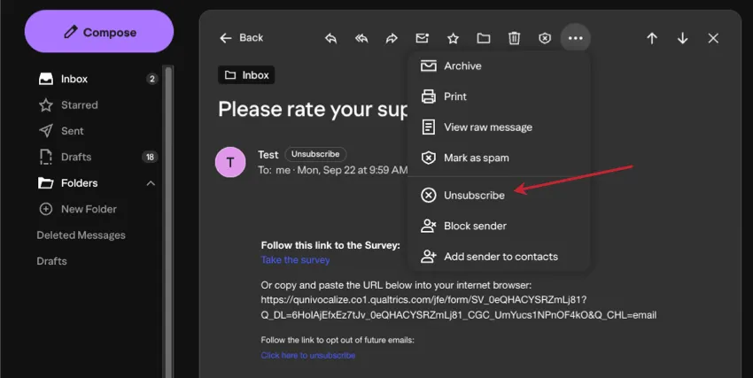 anklicken der WERKZEUGE 3-Punkte-Schaltfläche in der E-Mail und Hervorhebung der Option zum Abbestellen