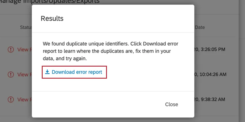 el botón de informe de error de descarga