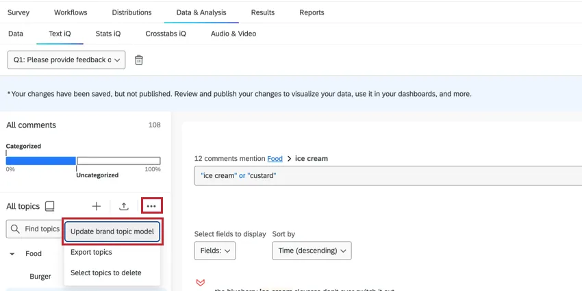 clicando em atualizar modelo de tópico de marca no menu de opções