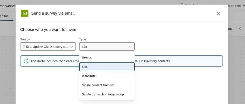 Ventana de un flujo de trabajo donde configura una tarea de correo electrónico. Puede seleccionar la lista creada en el flujo de trabajo como su destinatario.