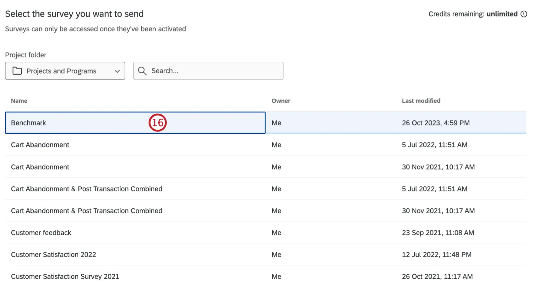 selecting a survey from the list of available surveys to distribute