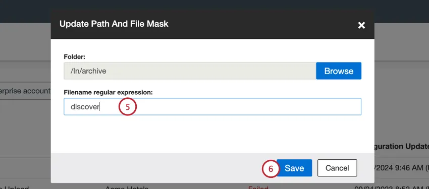 entering the file regex and saving