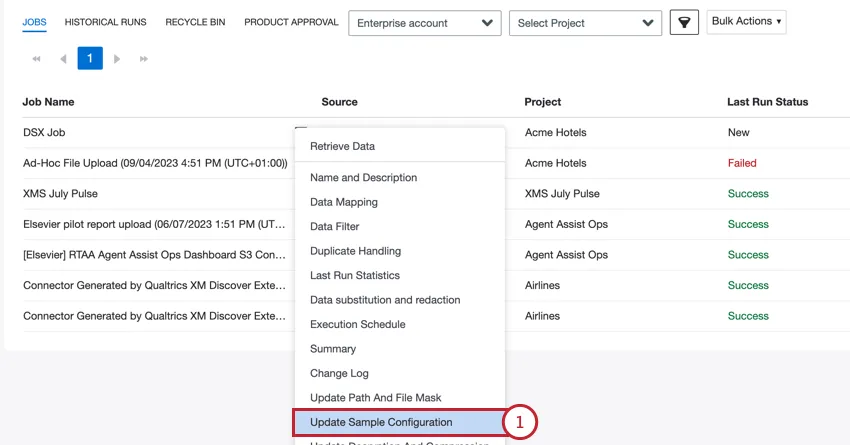 en sélectionnant la mise à jour de la configuration de léchantillon dans le menu des options de travail