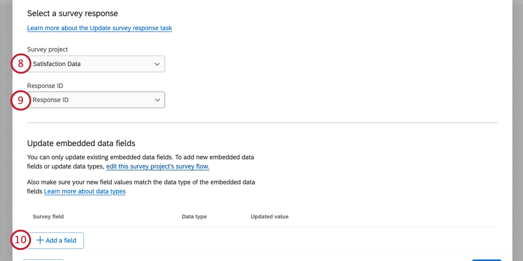 selezionare una risposta al sondaggio e configurare i campi dati integrati