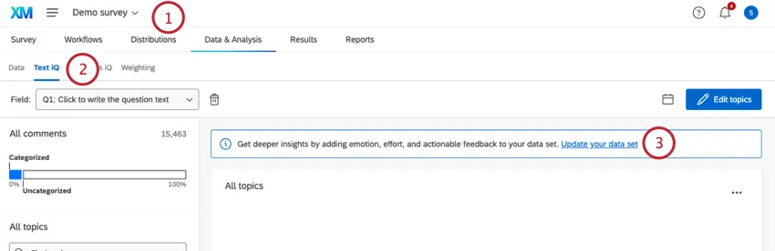 clicking the "update your data set" link in the text iq section of a survey