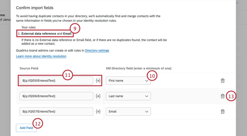 choosing fields from the source and mapping them to xm directory fields
