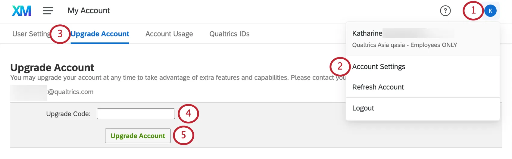 Guia Upgrade Conta (Atualizar conta ) na página Conta Settings (Configurações da conta ), acessada pelo menu suspenso superior direito