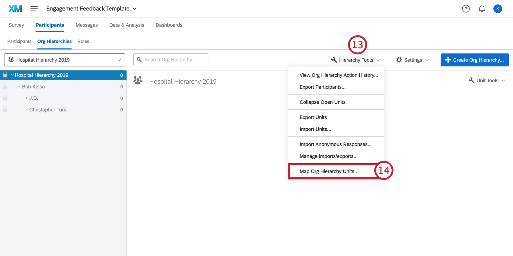 Öffnen Sie das Dropdown-Menü Werkzeuge der Hierarchie und wählen Sie EINHEIT DER ORGANISATIONSHIERARCHIE