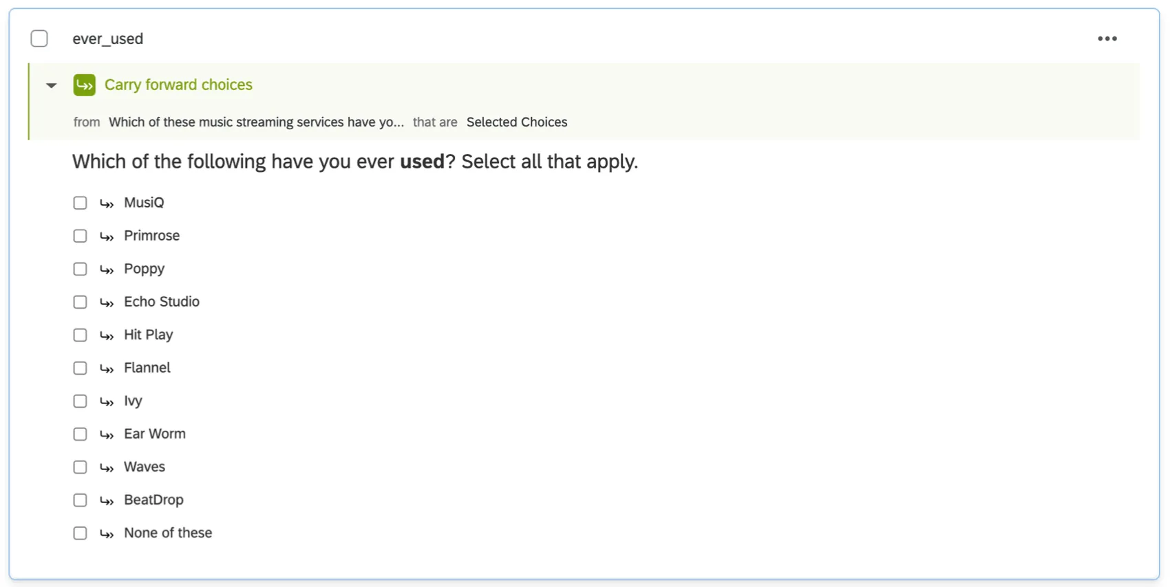 ¿Cuál de estos servicios de streaming has utilizado alguna vez? Las respuestas son de selección múltiple, una lista de marcas. En lo alto, la pregunta ha traslado.