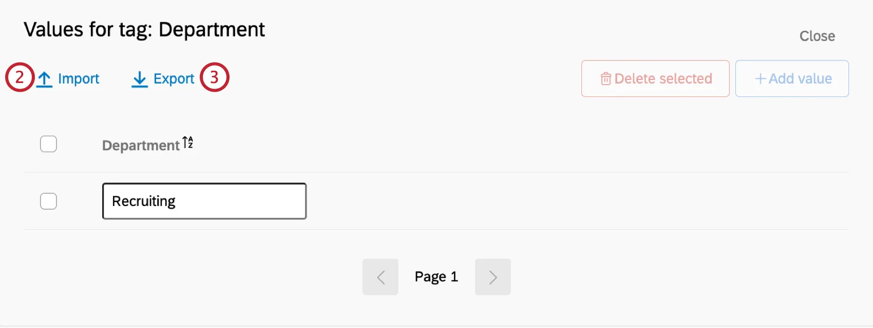 die Drucktasten zum Importieren und Exportieren für eine Tag-Kategorie