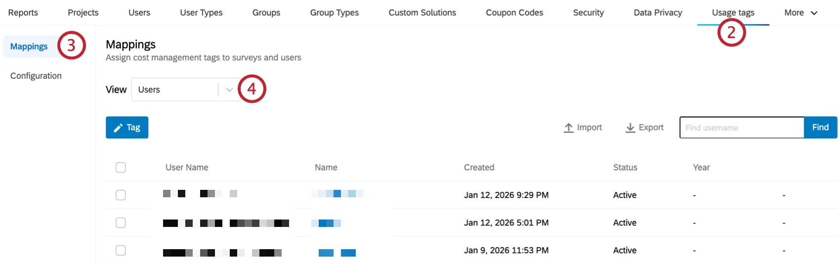 Abschnitt „Zuordnungen“ von Verwendungs-Tags