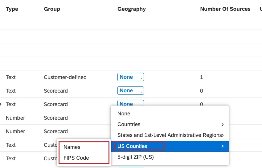 Select US Counties if the grouping contains US county-level data and then choose the format in which the values are provided