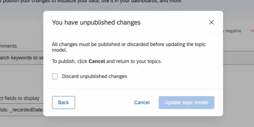 the pop-up window asking to discard unpublished changes
