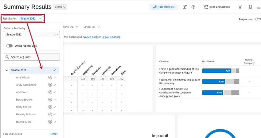 selected org hierarchy units are highlighted in blue
