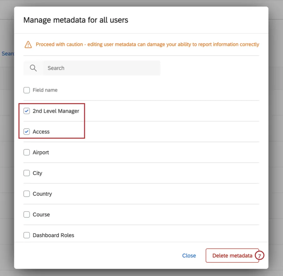 metadata fields selected for deletion