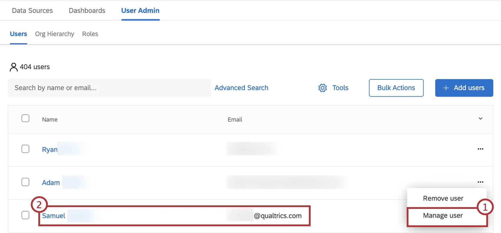 selecting an individual user to manage