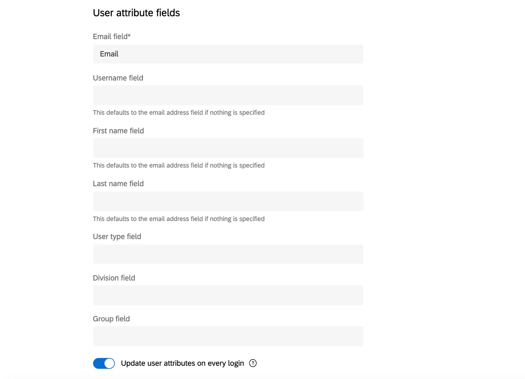 La sección de atributos de usuario en la configuración de sso