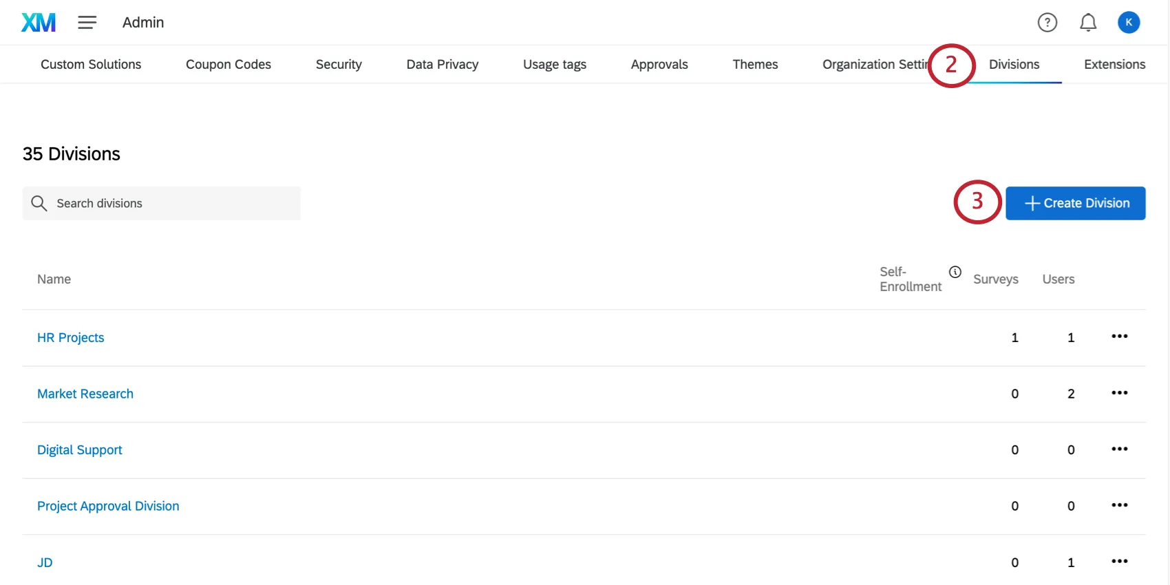 image of the division section of the admin tab. The Create Division button in the top-right is highlighted