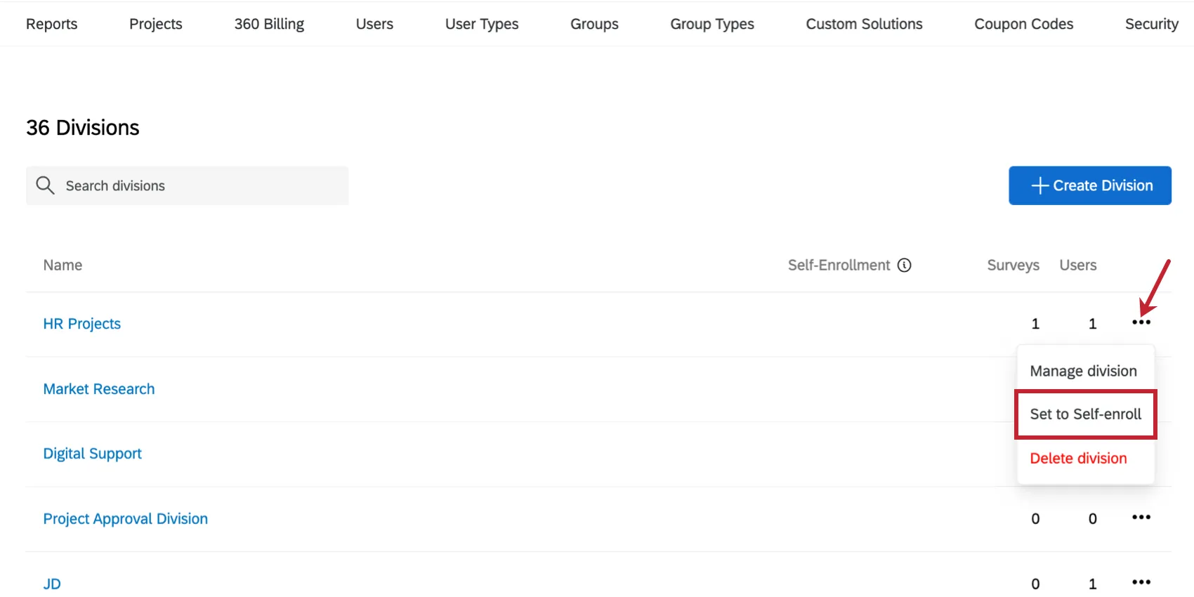 Dropdown next to a division, Set to self-enroll highlighted