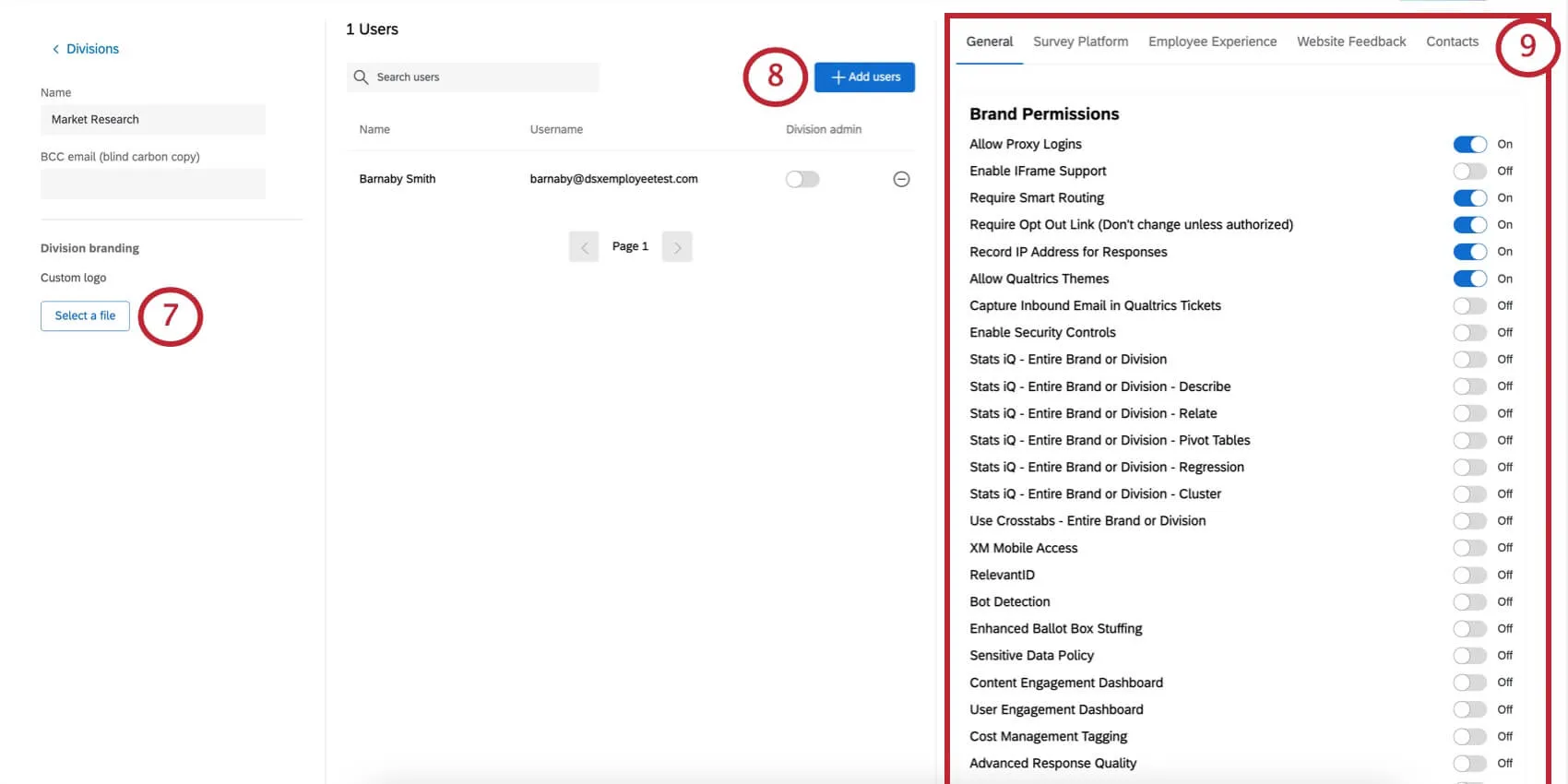 Imagem de uma divisão recém-criada, dividida em três partes: informações gerais, usuários e permissões