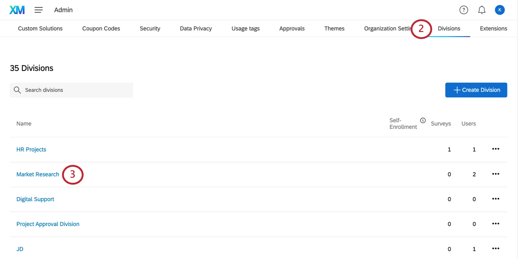 Image of divisions page, list of divisions