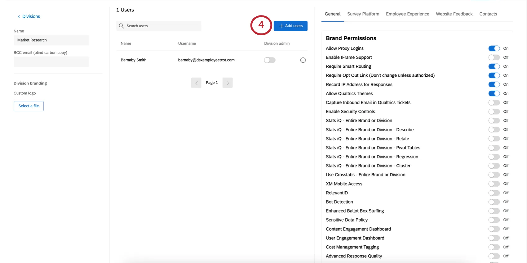 Add users button in middle section of divisions page