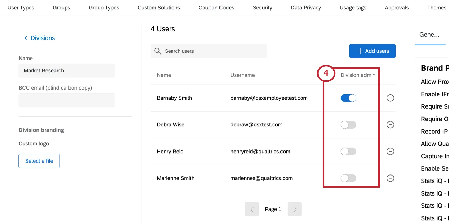 Users in a division, one is marked as a division administrator, the blue toggle enabled