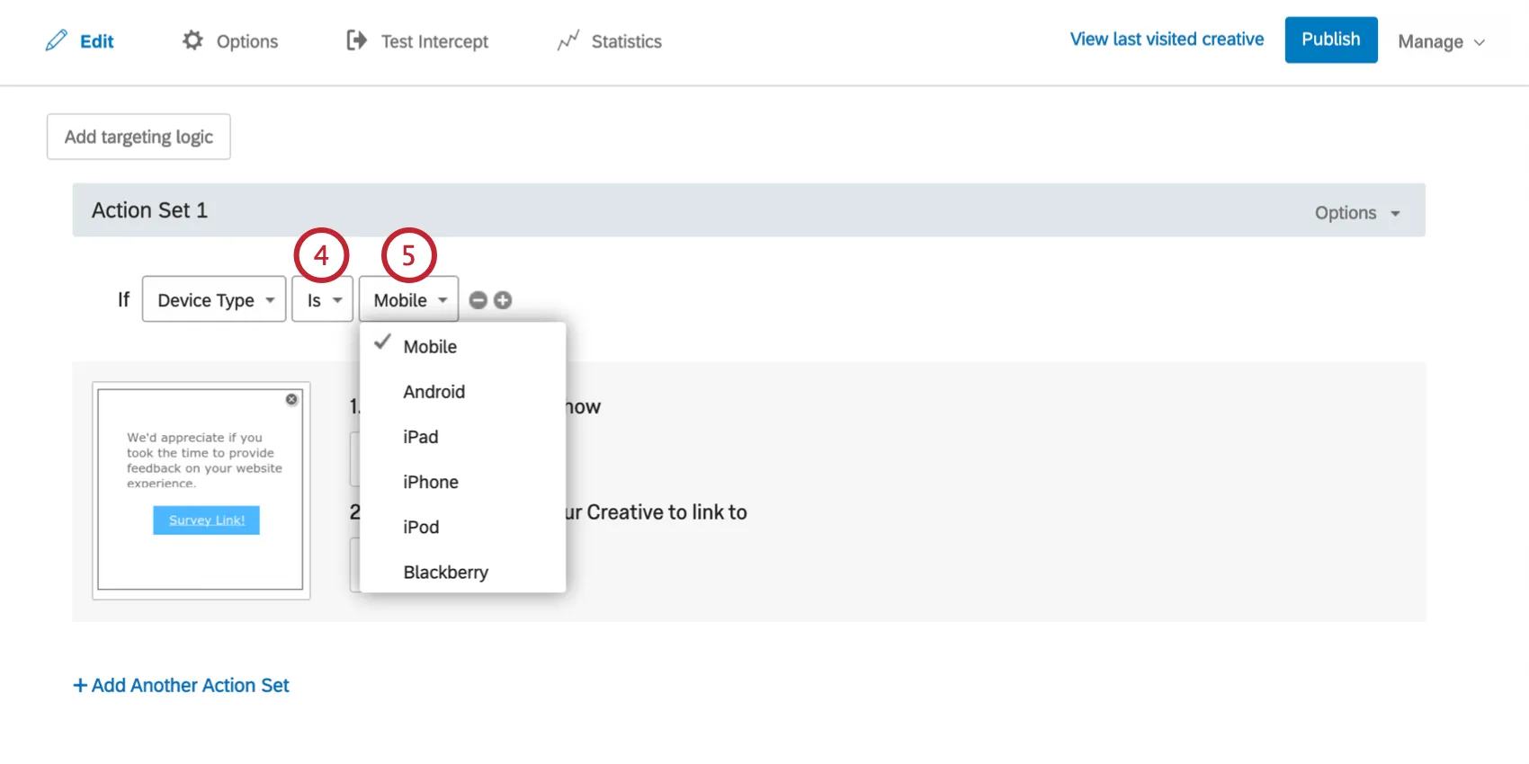 Condition says if Device Type is Mobile with mobile dropdown options