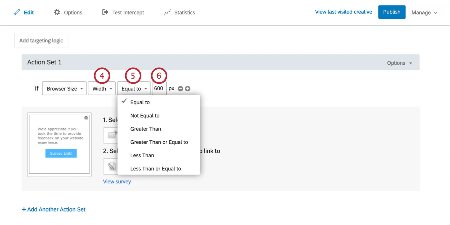 La Condición se basa en que la altura del tamaño del navegador sea igual a 600 px.
